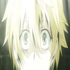 an anime character with blonde hair and green eyes