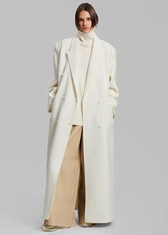 Color: Ivory
 Midweight wool blend fabric Oversized silhouette Peak lapels
 Drop shoulders Welt hip pockets Double breasted front button closure Lined    80% Wool 20% Polyamide    Dry Clean
 By The Frankie Shop. Imported Maxi Coat Outfit, Long White Coat, White Wool Coat, Cold Fashion, Cream Coat, Womens Outfit, 2023 Color, Winter Fashion Outfits Casual, London Outfit