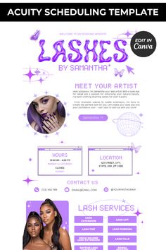 an image of a website page with two women on it and the word lashes written in purple