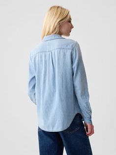 Organic Cotton Denim Perfect Shirt | Gap Classic Gap Tops For Fall, Gap Cotton Shirt With Button Cuffs, Gap Long Sleeve Shirt With Button Cuffs, Gap Relaxed Fit Collared Top, Gap Relaxed Fit Shirt For Everyday Wear, Gap Collared Tops With Relaxed Fit, Gap Relaxed Fit Shirt For Fall, Gap Collared Relaxed Fit Tops, Gap Work Shirt With Button Cuffs