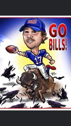 a caricature of a football player on top of a bison with crows in the background