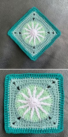 crocheted square with white and green flowers on the center, two pictures side by side