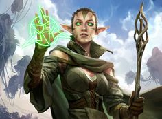 an elf with green eyes holds up her hand