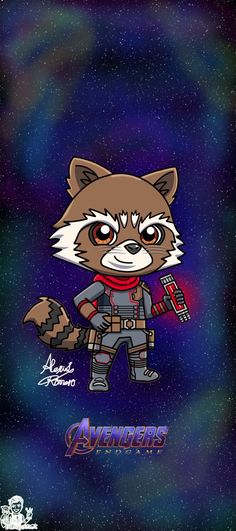 the avengers raccoon is holding an iron - man figure in front of a galaxy background