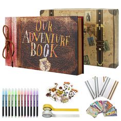 the adventure book is open and ready to be filled with stickers, markers, pencils, and other items