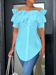 Elegant Off Shoulder Ruffle Short Sleeve Button-Down Blouse Trendy Off-shoulder Ruffled Blouse, Trendy Off-shoulder Blouse With Ruffles, Fitted Trendy Off-shoulder Top With Ruffles, Trendy Fitted Off-shoulder Top With Ruffles, Off-shoulder Tops For Office, Casual Off-shoulder Blouse With Ruffles, Casual Off-shoulder Blouse For Work, Spring Fitted Off-shoulder Top For Workwear, Fitted Off-shoulder Top For Spring Workwear