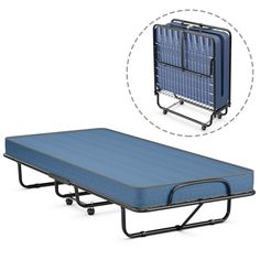 a blue bed with wheels and a mattress on the bottom shelf, next to it's frame