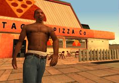 a shirtless man standing in front of a pizza shop with his hands on his hips