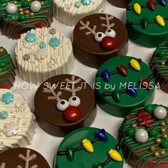 several decorated cupcakes are arranged in the shape of christmas trees and reindeer faces