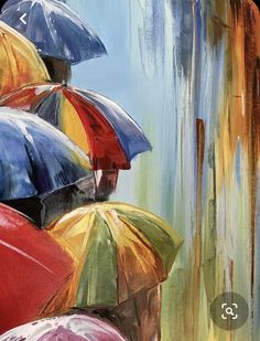 an oil painting of colorful umbrellas in the rain