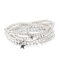 Infused With Dainty Silver Star Beads And Shiny Silver Star Charms, Strands Of Silver Beaded Stretchy Bands Stack Across The Wrist, Creating A Patriotic Shimmer. Silver Bracket Stack, Jewellery Wishlist, Silver Bracelet Stack, Bracelet Stacks, Star Beads, Black Beaded Bracelets, Silver Bead Bracelet, Hannah Montana, Red Bracelets