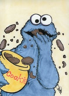 the cookie monster is holding a yellow frisbee in front of it's face