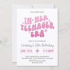 a pink birthday party card with the words in her teenager era on it and stars