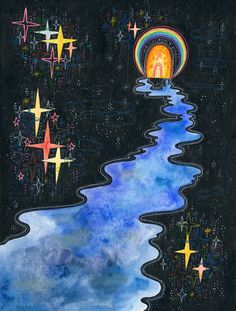 an image of a painting with stars in the sky and water running through it,