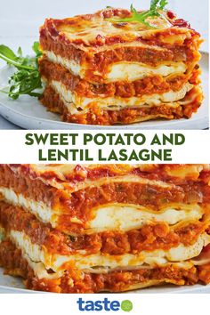 two pictures of lasagna stacked on top of each other with the words sweet potato and lentil lasagne