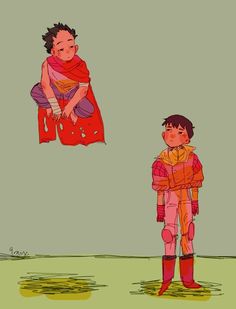 two children are standing in the grass and one is wearing a red dress with an orange scarf