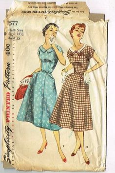 One Piece Dress Pattern Simplicity 1577 Sz 14.5 1950's VTG Half Size Charmer Retro Dresses With Peter Pan Collar For Vintage Fashion, Vintage Puff Sleeve Dress For Daywear, Fitted Vintage Dress With Vintage Print, Fitted Vintage Dress, Vintage Midi Dress With Buttons, Vintage Lace Dress For Daywear, Retro Vintage Dress With Buttons, Vintage Dress With Box Pleat For Vintage Fashion, Vintage Dresses With Box Pleat