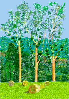 digital painting of trees and hay in grassy area