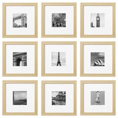 twelve black and white photographs hanging on a wall in front of the eiffel tower