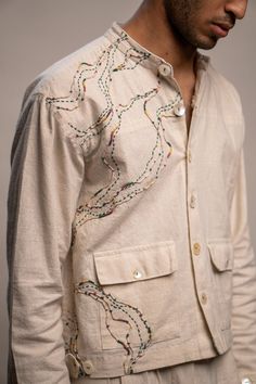 Rewind Unisex Bomber Jacket and Kora Straight Pants Set | Ethically Made Sustainable Clothing | Consciously Shirt Cuff Embroidery, Lines Embroidery, Andro Fashion, Embroidery Shoulder, Menswear Details, Men's Ethnic Wear, Garment Details, Sustainable Clothing Brands, Sustainable Fashion Brands