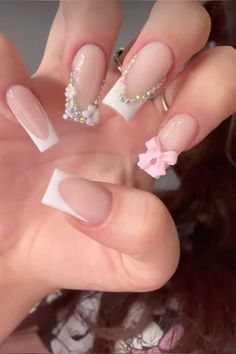 Pink Quince Nails Simple, Cute Simple Nails With Gems, Girly Acrylic Nails Short Square, Model Nails Victoria Secret, Gemmed Out Nails, Bling Out French Tips, Pink Nails Girly, Nails W Gems Rhinestones, French Nail With Gems