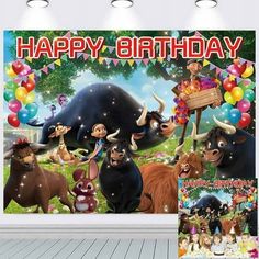 an image of a birthday card with animals and balloons on the wall in front of it