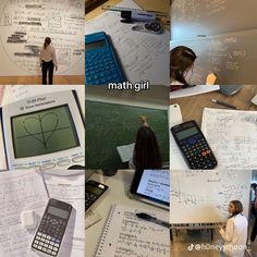 there are many different pictures with writing on them and one has a calculator