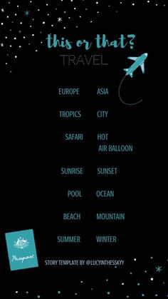 this or that? travel poster with an airplane flying through the night sky and stars in the background