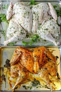 two trays filled with different types of chicken and vegetables on top of each other