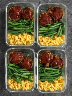 four plastic containers filled with macaroni and green beans, meatballs and sauce