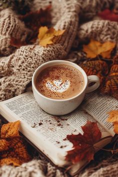 a cup of cappuccino on top of an open book surrounded by autumn leaves