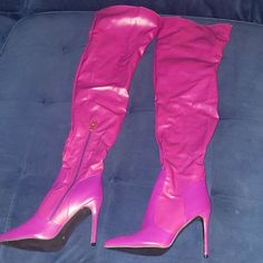 Pretty Tina, Size 42, Purple, Faux Leather. Pink Leather Fitted Knee-high Boots, Chic Synthetic Thigh High Boots, Chic Fitted Synthetic Knee-high Boots, Fitted Pink Leather Knee-high Boots, Chic Thigh High Synthetic Boots, Chic Pink Knee-high Boots, Wide Calf Synthetic Knee-high Boots For Party, Trendy Thigh-high Synthetic Heeled Boots, Pink Fitted Faux Leather Boots