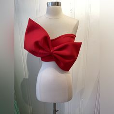 Strapless, Silicon Strip Along Top To Keep Top Up, Gold Zip In Back, Cropped - 95% Polyester - 5% Spandex Red Strapless Evening Top, Red One-shoulder Party Top, Bow Crop Tops, Fancy Tops, Uni Outfits, Bow Top, Red Top, Queen Of Hearts, Red Bow