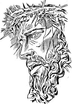 a black and white drawing of the face of jesus wearing a crown of thorns