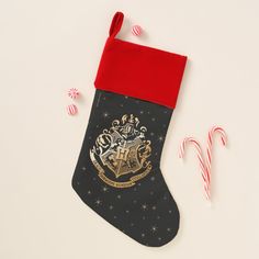 a harry potter christmas stocking with candy canes and candies on the side