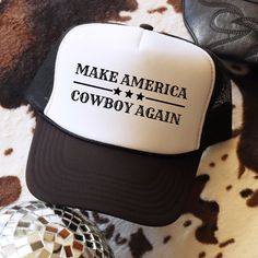 100% polyester foam front, mesh back Structured, five-panel, mid-profile Pre-curved visor with braid detailing Adjustable double snapback closure Tear away label Cowgirl Truck, Cute Trucker Hat, Make America Cowboy Again, Truck Hat, Cody Johnson, Cap Cute, Women Trucker, Ball Caps, Ball Cap