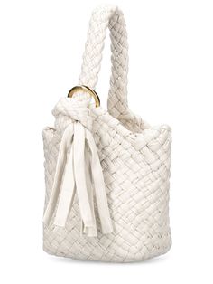 Height: 20cm Width: 15.5cm Depth: 10.5cm. Top handle drop: 14cm. Adjustable strap. Includes detachable canvas pouch with drawstring closure Versace Brand, Ski Accessories, Leather Bucket Bag, Leather Bucket, Flat Espadrilles, Canvas Pouch, Heeled Loafers, White Bag, Charm Earrings