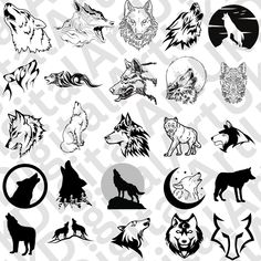 the wolf logo is shown in black and white, as well as an image of several different