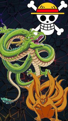 a cartoon character with a skull on his head and two snakes in front of him