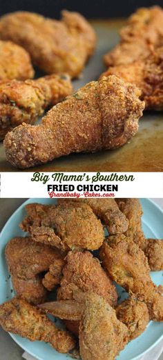 two pictures of fried chicken and the same one with an image of them on it