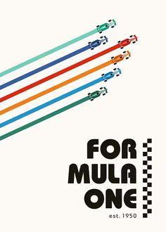 an advertisement for the formula one race, featuring four cars in different colors and numbers