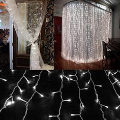 two pictures with white lights on the curtains