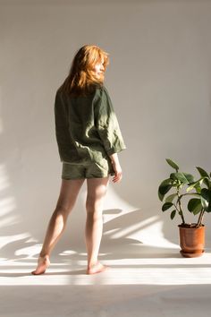 "Welcome to Pavietra! This LINEN PAJAMA SET made up of an oversized shirt with pocket detail, which is decorated with handmade stitches, and loose-fitting shorts with an elastic waist and coconut button detail. It can be worn at home and out. PAJAMAS DETAILS ⚬ Oversized fit ⚬ Made of washed organic Oeko-Tex certified linen grown in Belarus. ⚬ Linen is NOT see-through. ⚬ The fabric is prewashed to guarantee no shrinkage. ⚬ Shown here in Laurel Green. If you would like to add or subtract 10cm from Linen Pajama Set, Branding Clothing, Basic Dress Pattern, Oversized Linen Shirt, Womens Pajama Shorts, Linen Pajamas, White Linen Dresses, Linen Clothing, Standing Poses