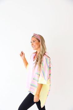 If you're someone who is ready for leggings weather but not sweaters quite yet, this FUN oversized top will check those boxes for you! Featuring colorblocking and blocks of stripes throughout the top Also features a high/low cut & a collar detail Model is 5’4” wearing a size small Runs oversized Spring Striped Collar Top For Loungewear, Spring Loungewear Top With Striped Collar, Spring Oversized Top With Striped Hem, Oversized Tops With Striped Hem For Spring, Oversized Striped Hem Tops For Spring, Oversized Spring Top With Striped Hem, Spring Striped Sleeve Tops For Loungewear, Striped Sleeve Tops For Spring Loungewear, Playful Color Block Tops For Spring