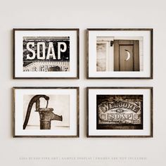 four black and white pictures with soap on them, one is an old faucet