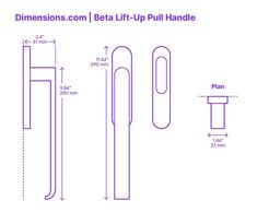 three different sizes of handles with measurements for each one and the other two are shown in purple