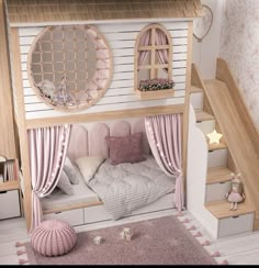 a dollhouse bed with pink curtains and pillows on the bottom bunk is next to stairs