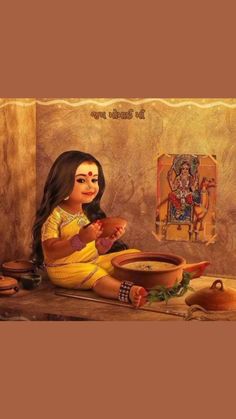 a painting of a woman sitting on the ground with food in front of her,