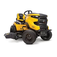 a yellow riding lawn mower on a white background with no people in the photo