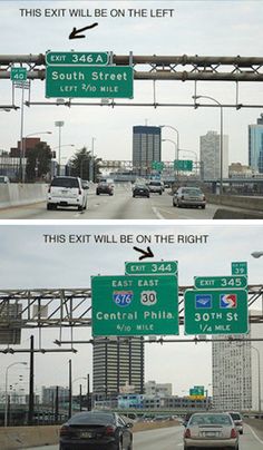 there are two signs on the highway that say exit will be on the left and exit will be on the right